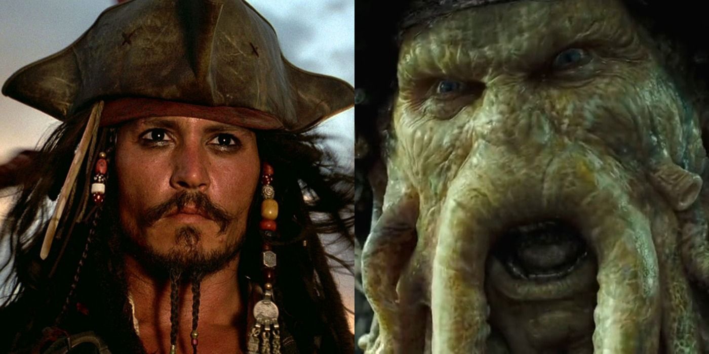 Split image of Jack Sparrow looking and Davy Jones glowering in the Pirates of the Caribbean.