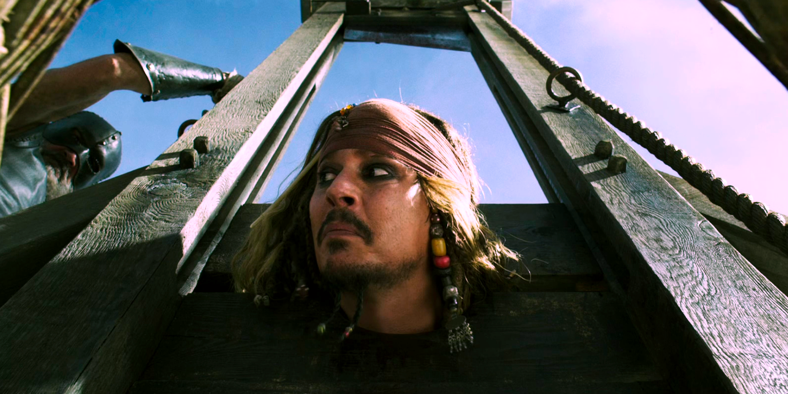 Jack on the guillotine in Pirates of the Caribbean