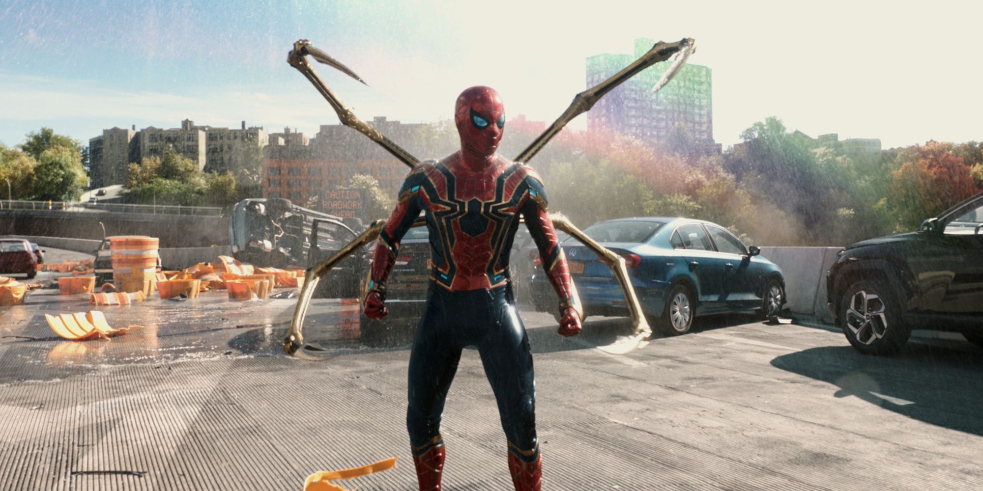 Spider-Man with his mechanic arms in No Way Home