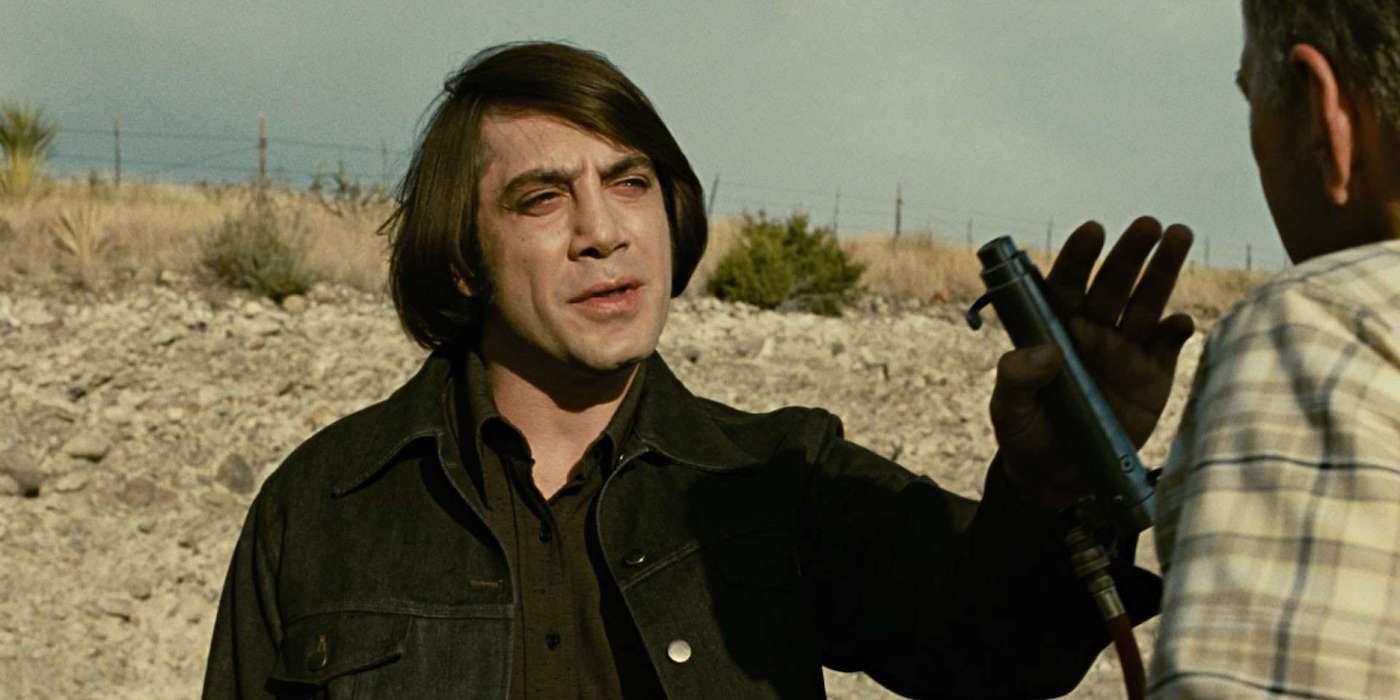 Anton Chigurh talking to a man in No Country for Old Men