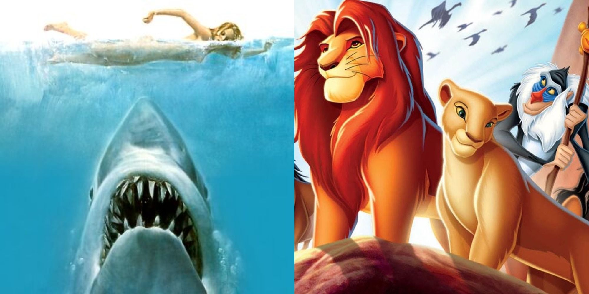Split image showing posters for Jaws and the animated The Lion King