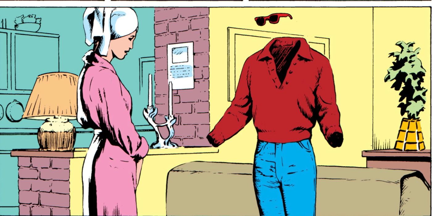 ean Grey telekinetically assembles Cyclops' clothes in Marvel Comics.
