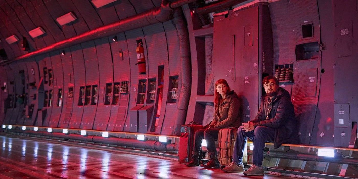 Randall and Kate inside a military plane in Don't Look Up