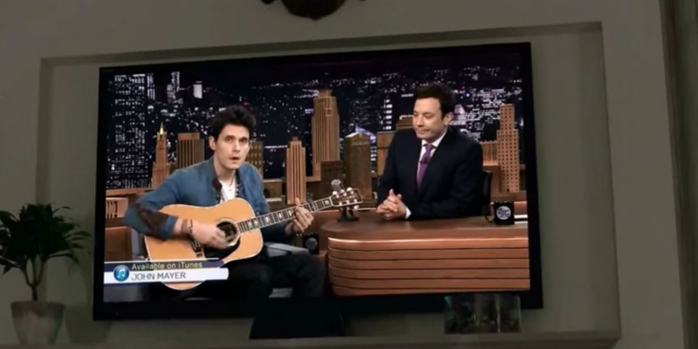 Jimmy Fallon talking to John Mayer on a TV in a still from Get Hard