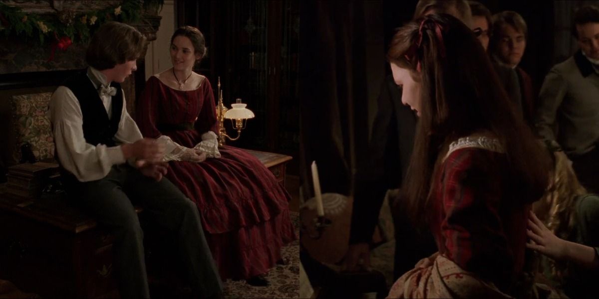 Split Image of Jo and Beth March in the same red dress in Little Women
