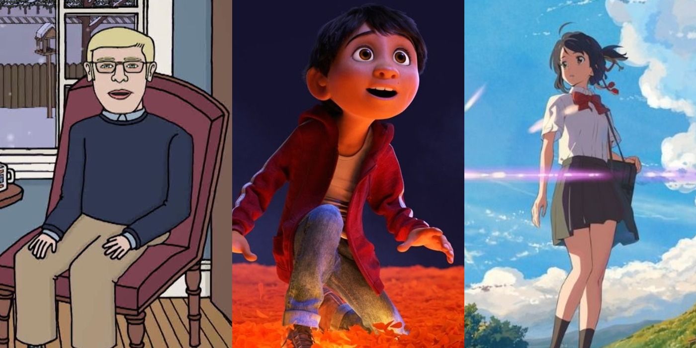 Three images showing Joe Pera from Joe Pera Talks You To Sleep, Miguel from Coco, and Miki from Your Name.