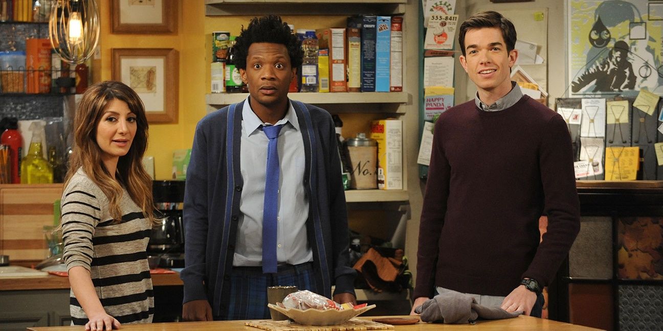 John Mulaney with his friends in his apartment in Mulaney 