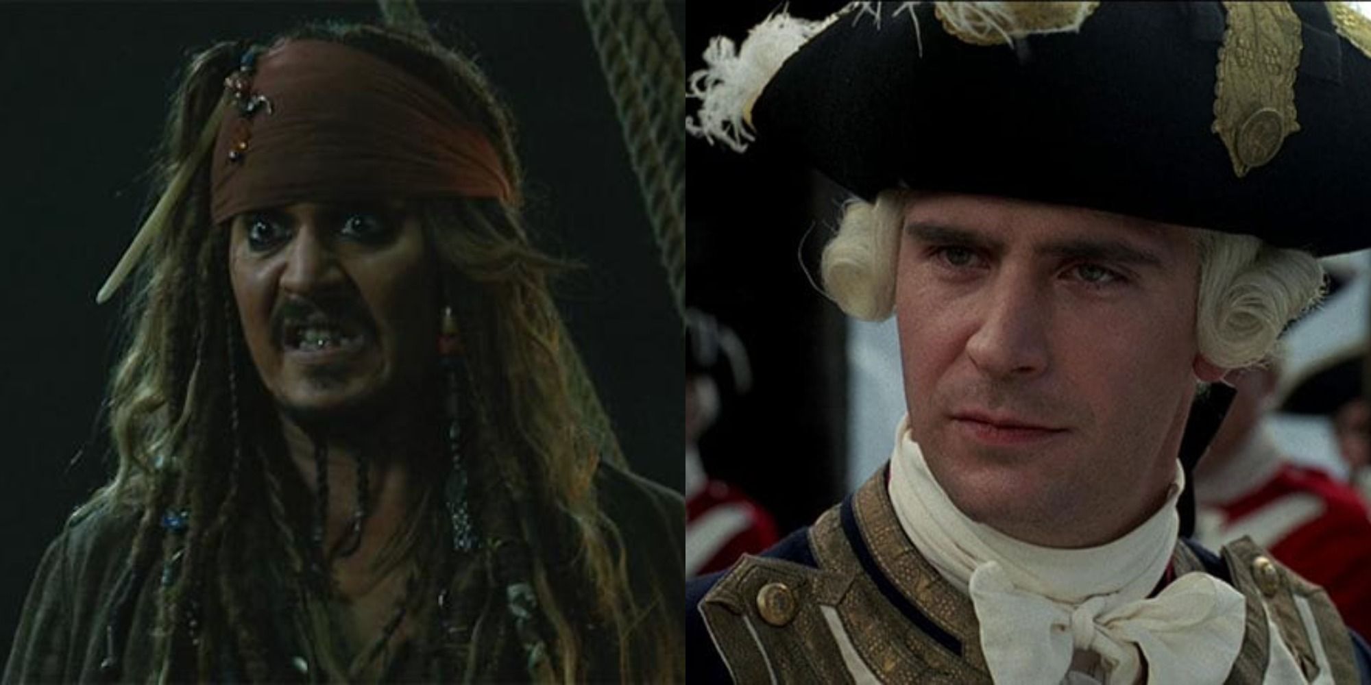A split image showing Jack Sparrow on the left and James Norrington on the right from Pirates of the Caribbean