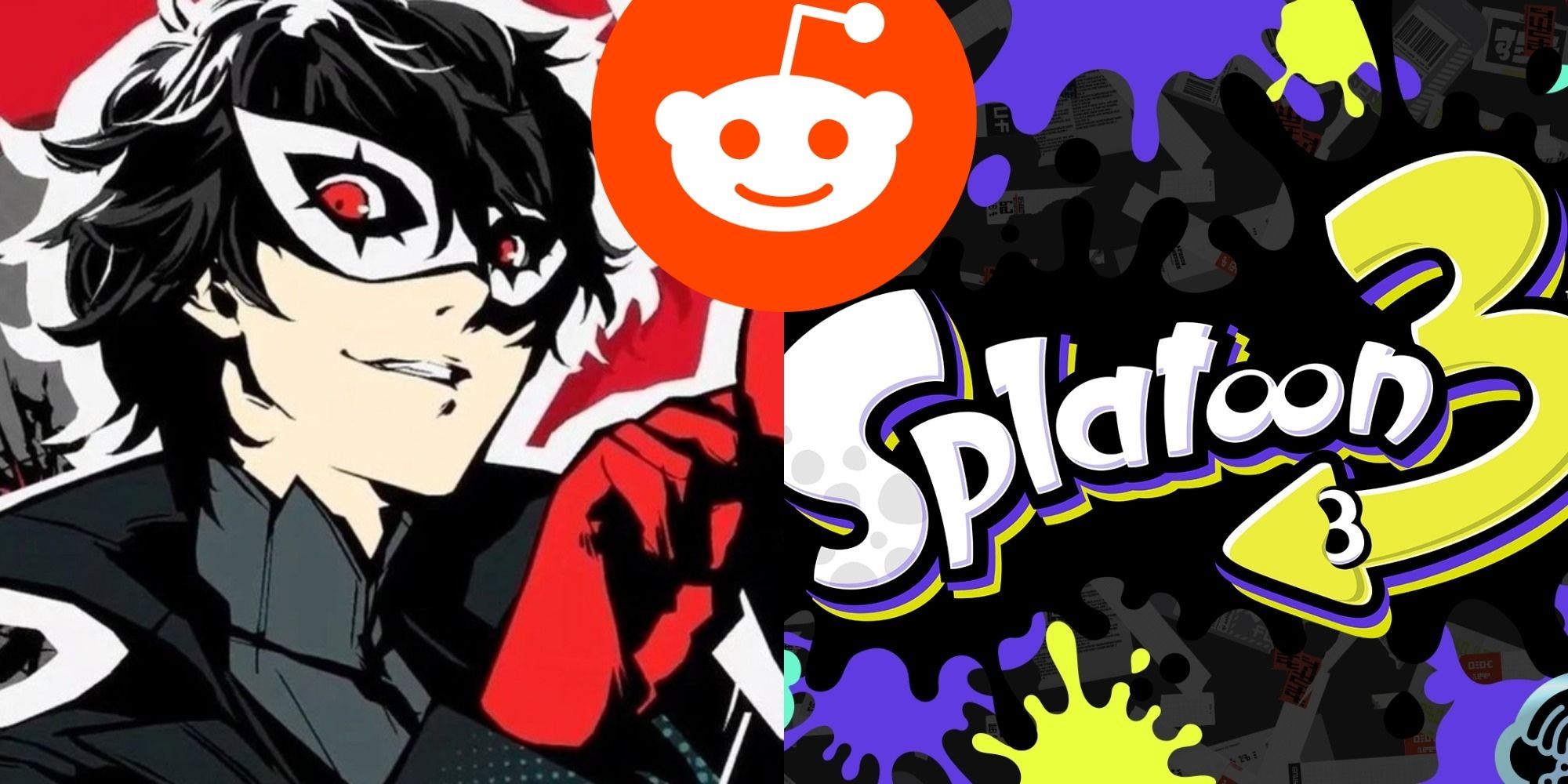 Split image showing Joker from Persona and the logo from Splatoon 3, and the Reddit logo