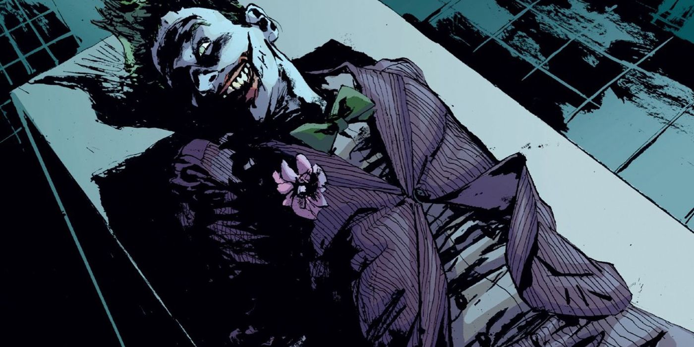 Joker lies dead on a gurney.