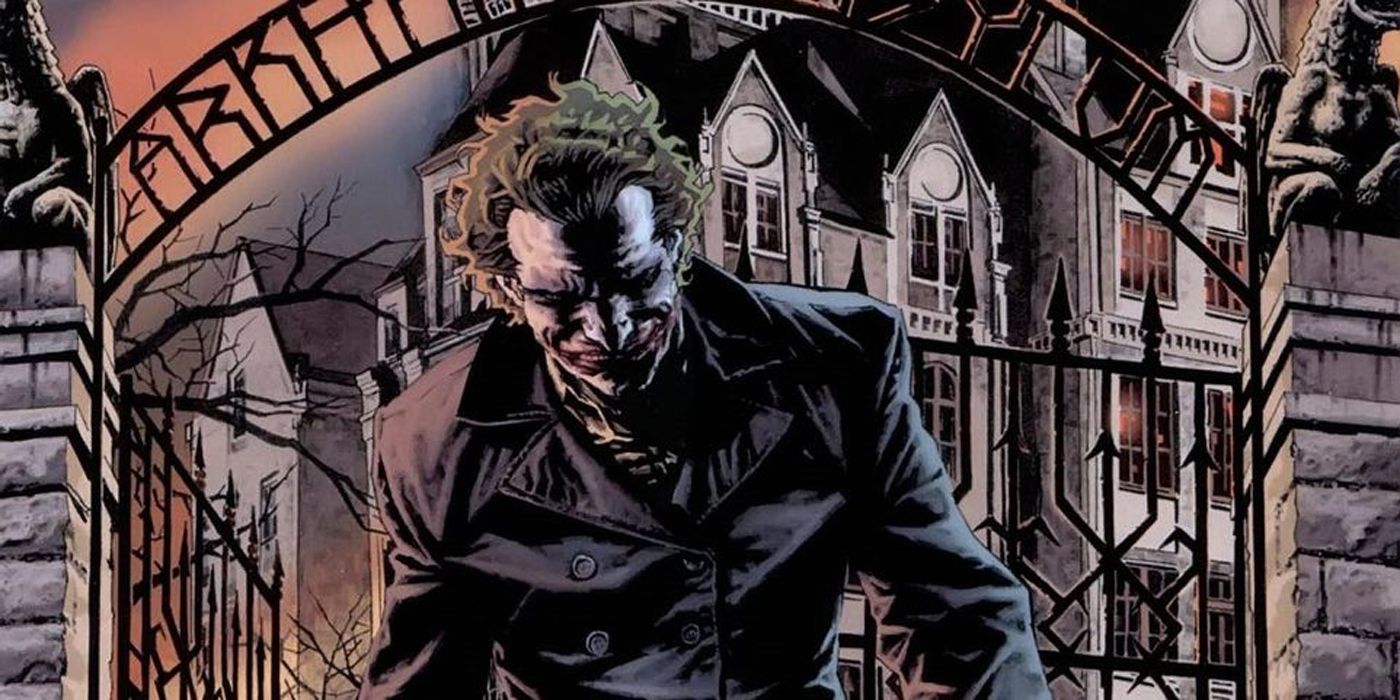 Joker walking out of Arkham Asylum.