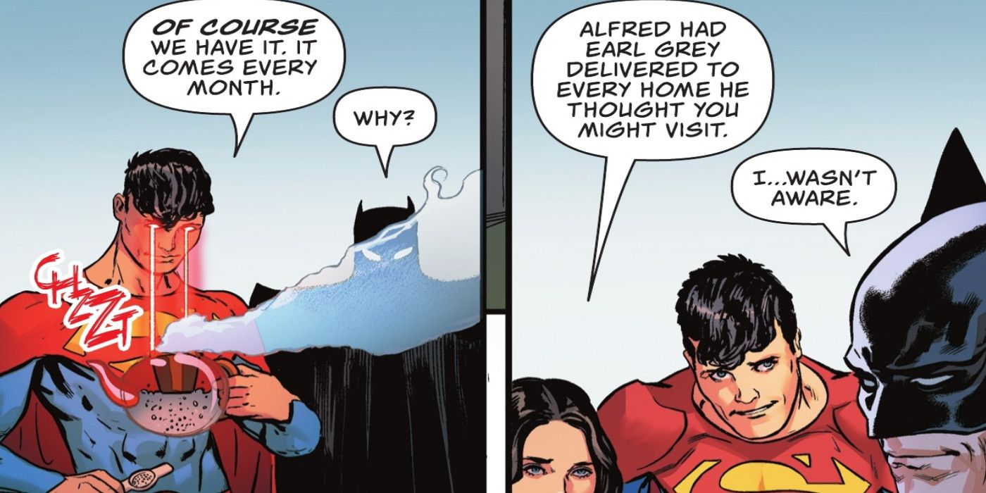 Jon Kent explains to Batman they keep Earl Grey tea on hand because Alfred had some sent to their house each month