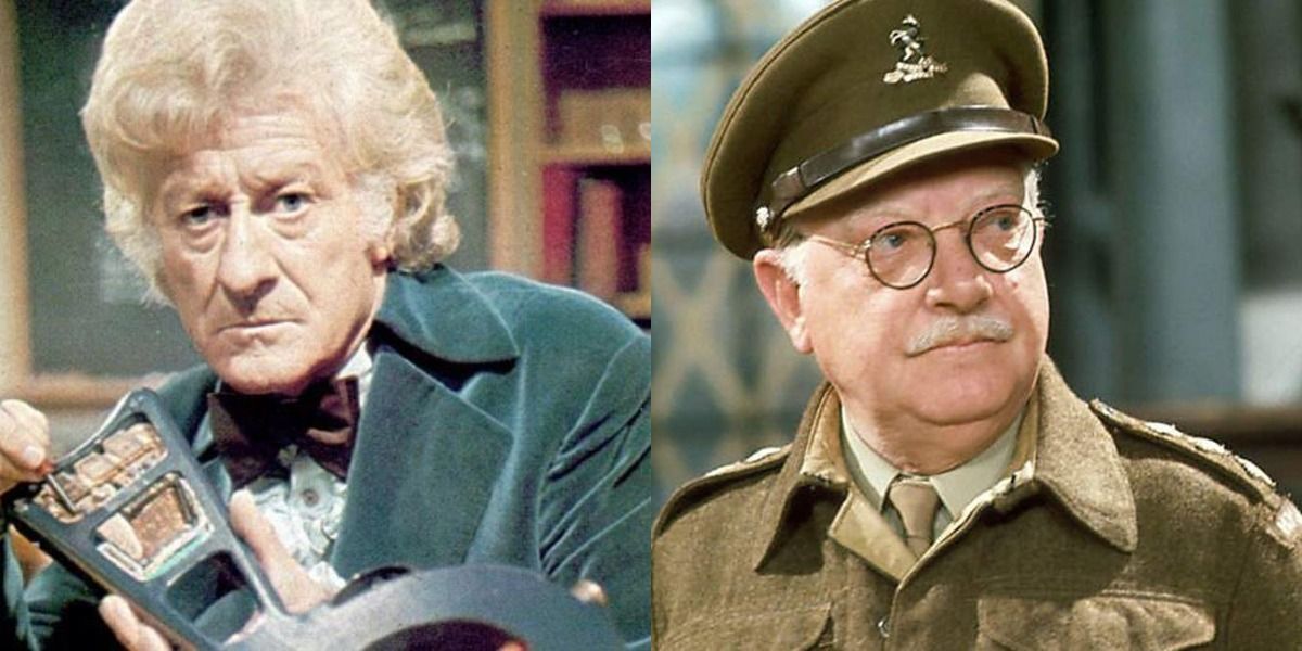 Jon Pertwee is fiddling with a device as the Doctor, next to Arthur Lowe staring straigh ahead as Captain Mainwaring in Dad's Army.