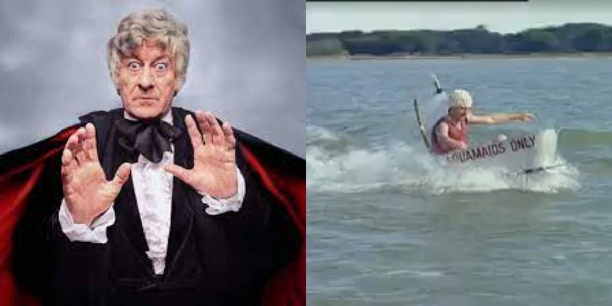Jon Pertwee gives a dramatic pose as the Third Doctor, next to a photo of Jon Pertwee water skiing as part of a water ski circus in a bath tub.