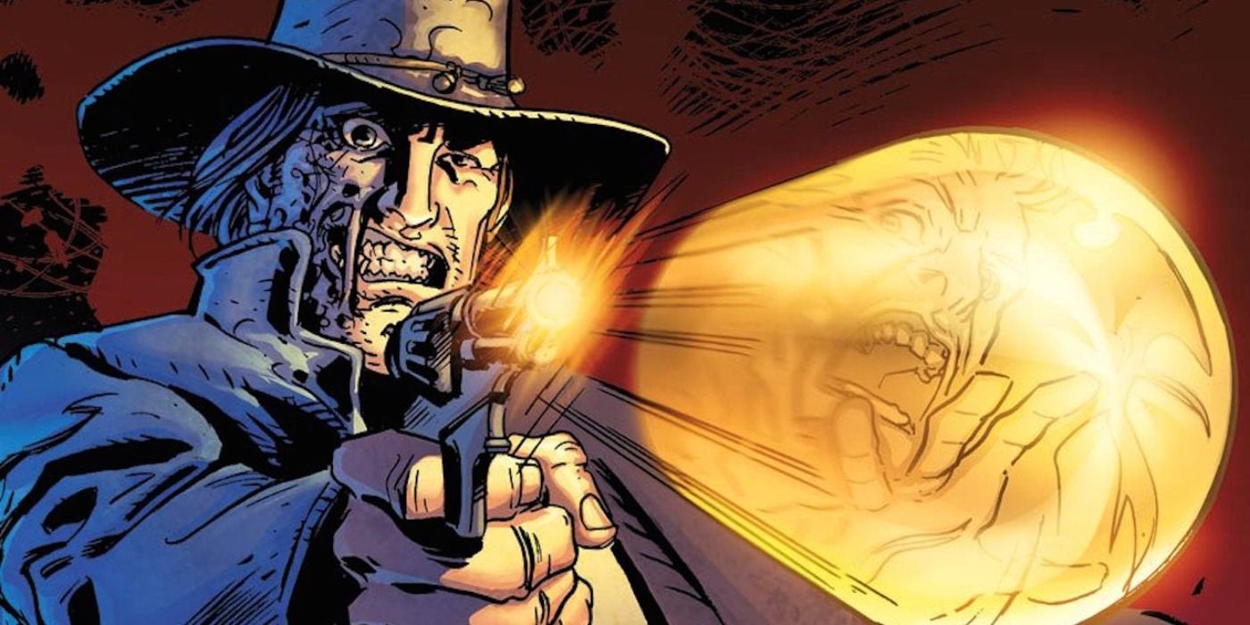 Jonah Hex firing a bullet with his victim's reflection in the comics