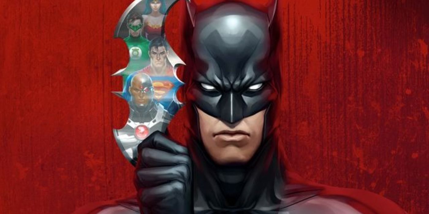 Batman holds up a batarang which reflects the Justice League from Doom