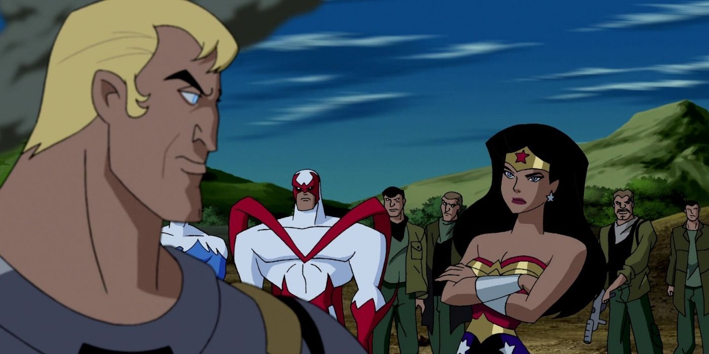 Wonder Woman with her arms crossed looking at Ares in Justice League Unlimited