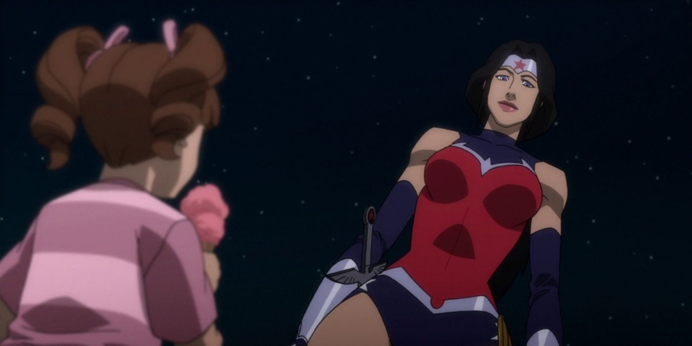 Wonder Woman looking down at a little girl with an ice cream in Justice League War