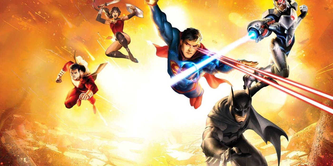 Batman, Superman, Wonder Woman, Cyborg, and Shazam in explosive promo art of JLW