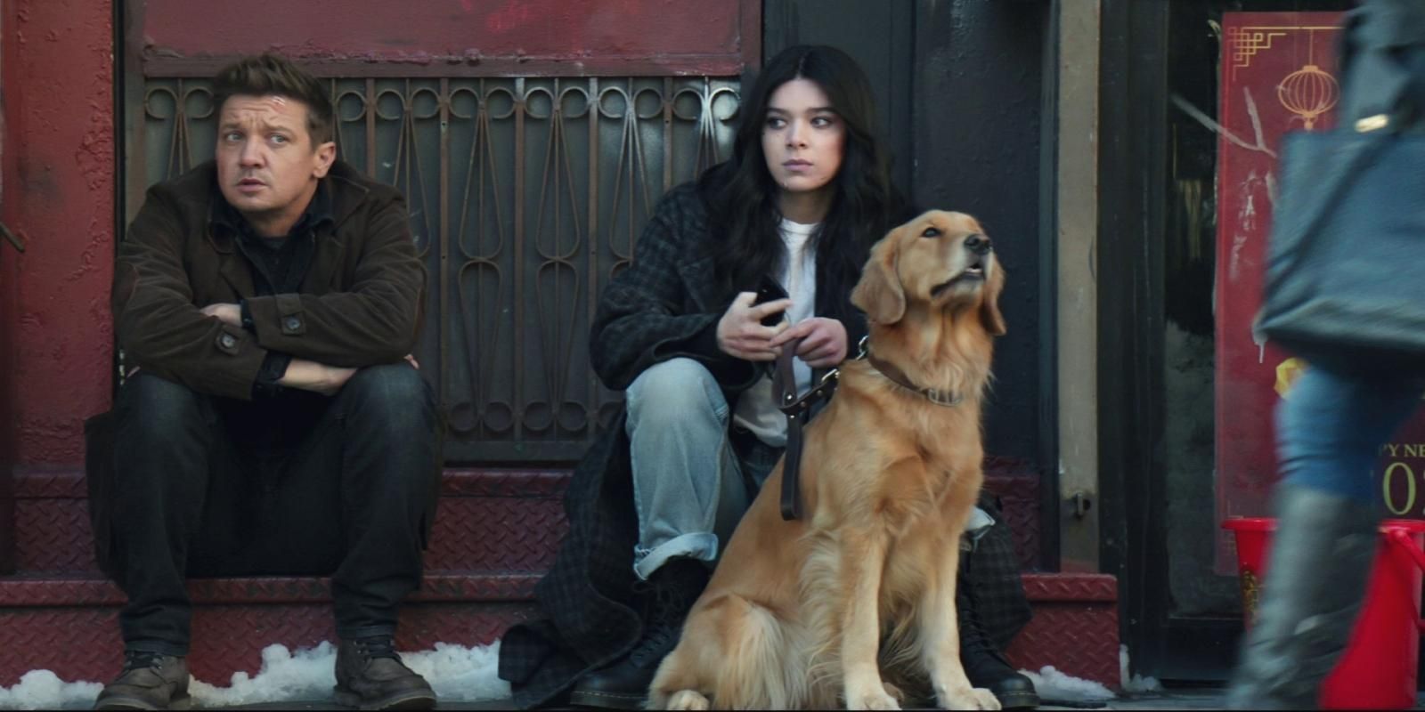 Kate Bishop sits with Clint Barton and Lucky the Pizza Dog in Hawkeye