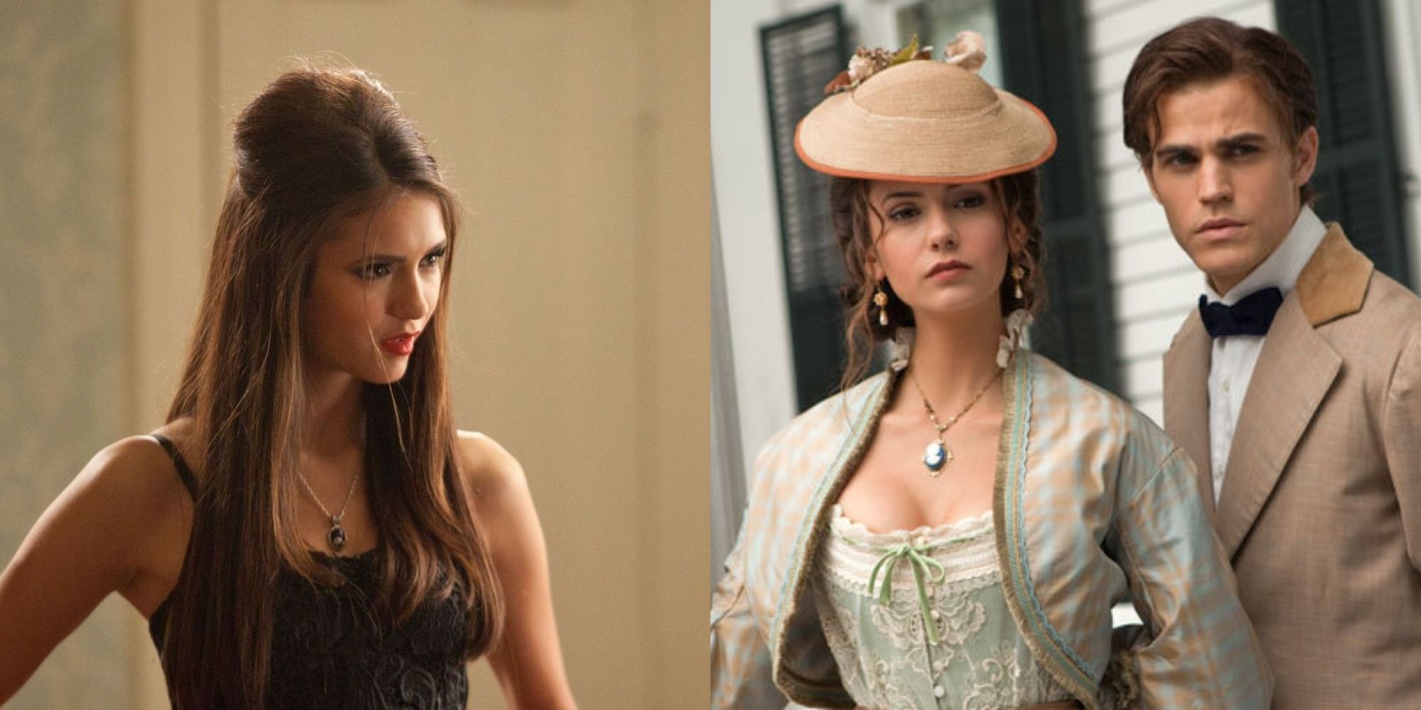 Split image of Katherine in modern times and her posing with Stefan in 1984 in The Vampire Diaries