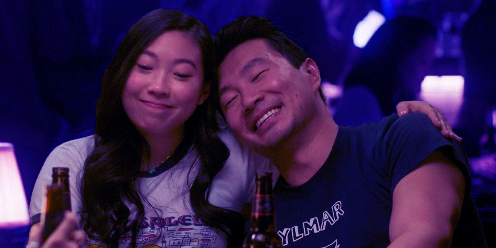 Awkwafina as Katy and Simu Liu as Shang-Chi in a bar
