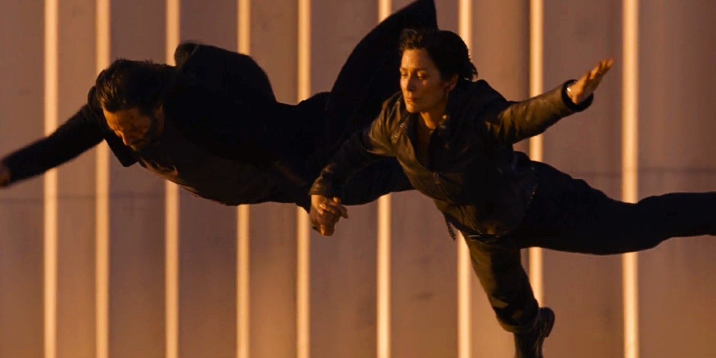 Neo and Trinity fall from a building in The Matrix Resurrections.
