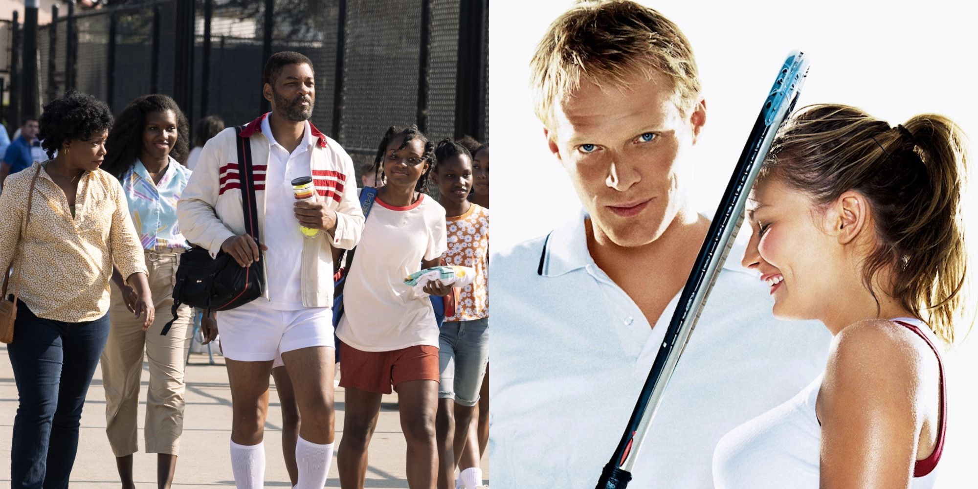 A split image showing characters from King Richard and Wimbledon