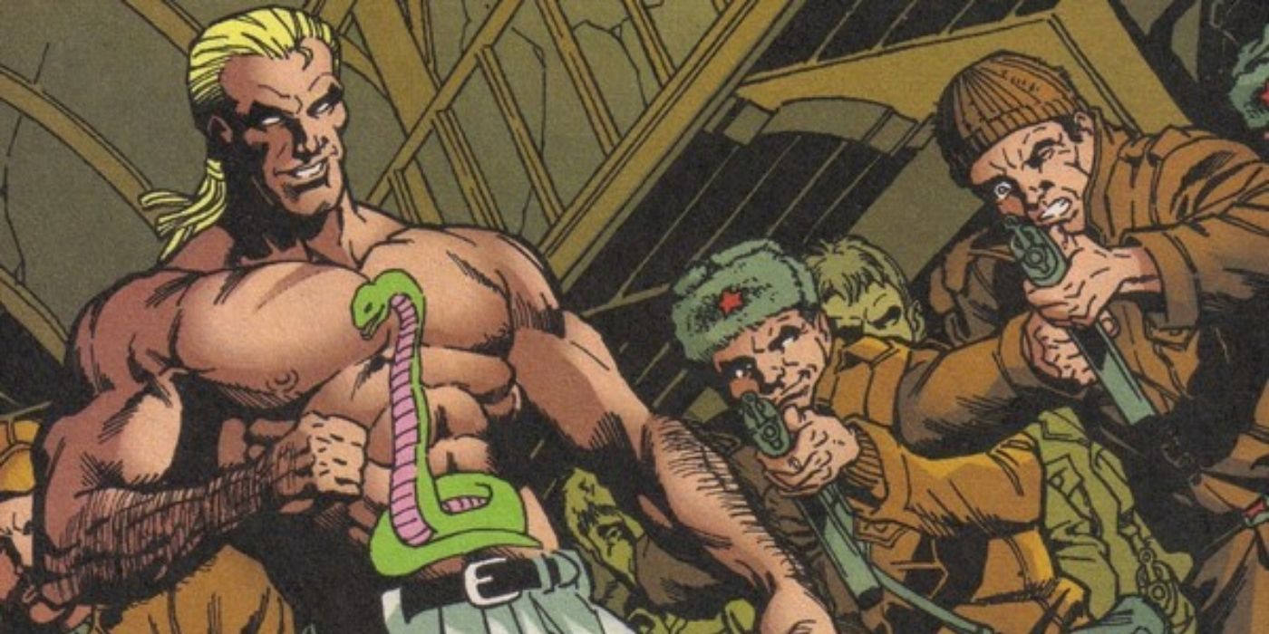 King Snake surrounded by his armed henchman in comics