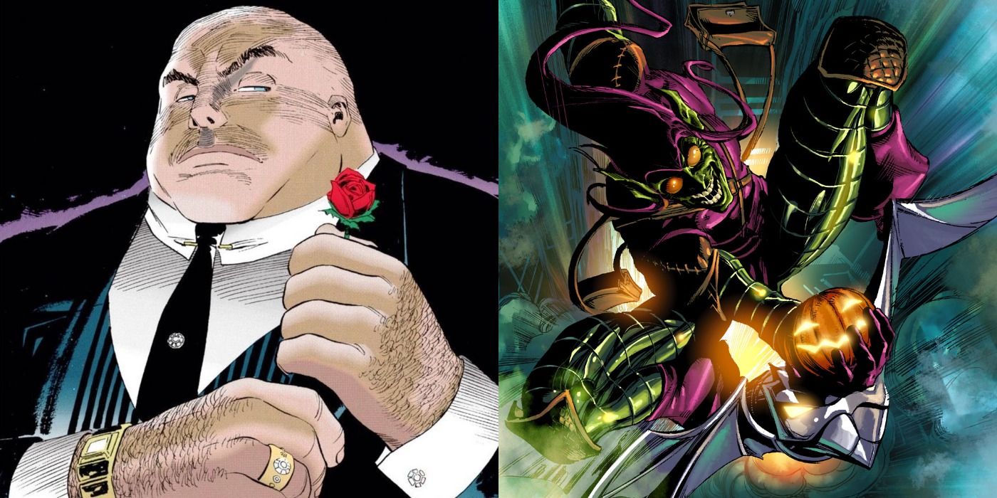 Split image of Kingpin adjusting the rose in his suit and Green Goblin on his glider throwing pumpkin bombs