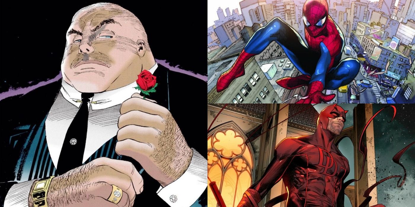 Split image of Kingpin in his suit, Spider-Man swinging above New York, and Daredevil standing atop a building