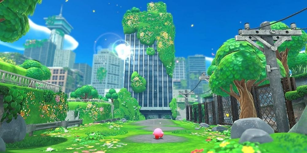 Kirby runs through the lush remains of a forgotten city in Kirby and the Forgotten Land