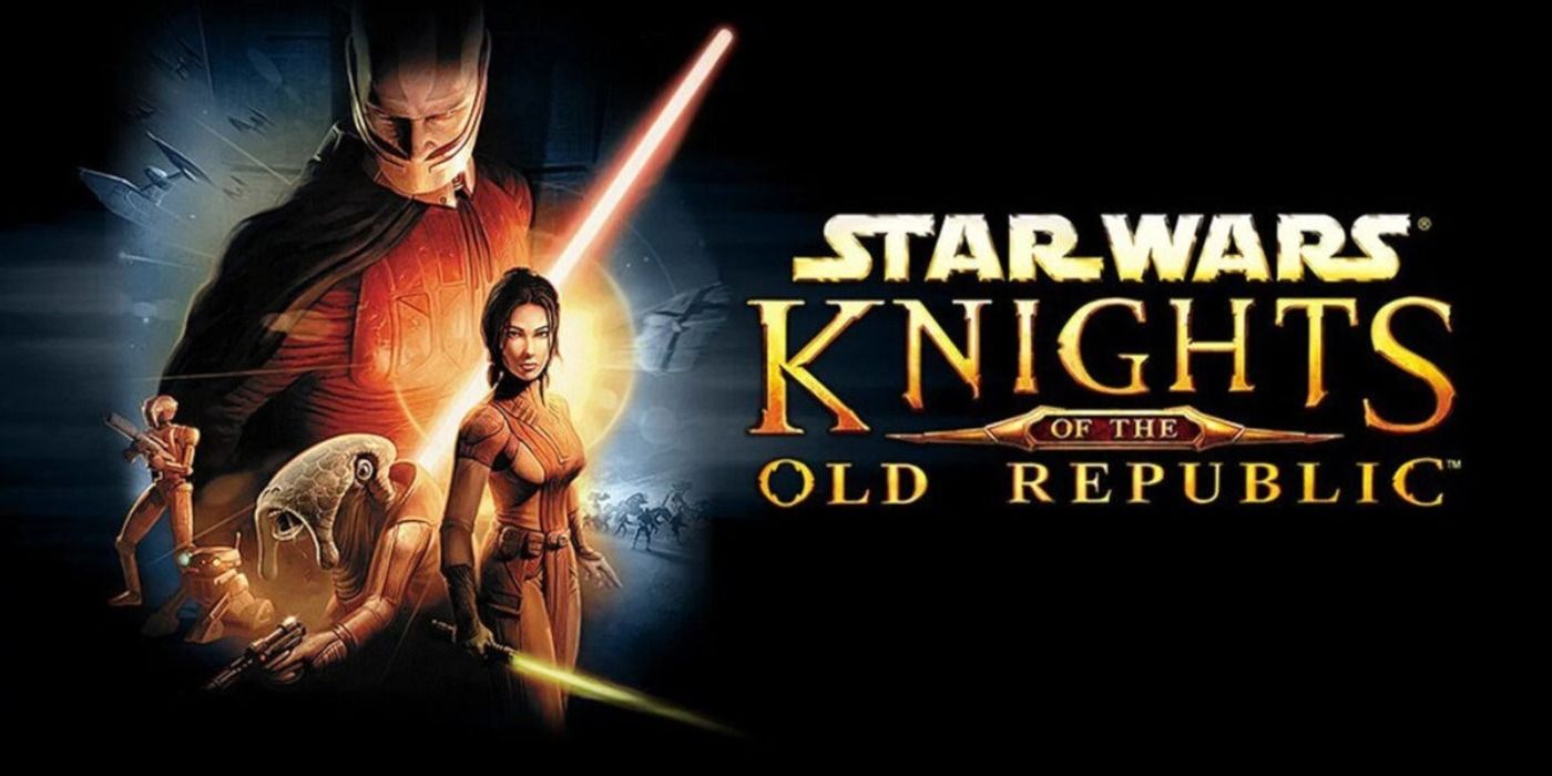 Promo for Knights of the Old Republic featuring the Jedi Bastila Shan and Sith Lord Dark Malak in the background
