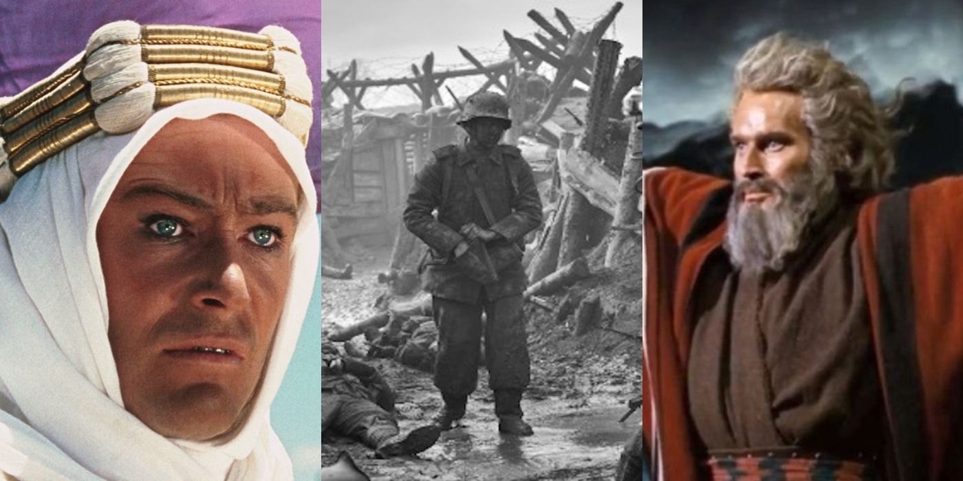 Three images showing Lawrence from Lawrence of Arabia, a soldier from All Quiet on the Western Front, and Moses from The Ten Commandments.