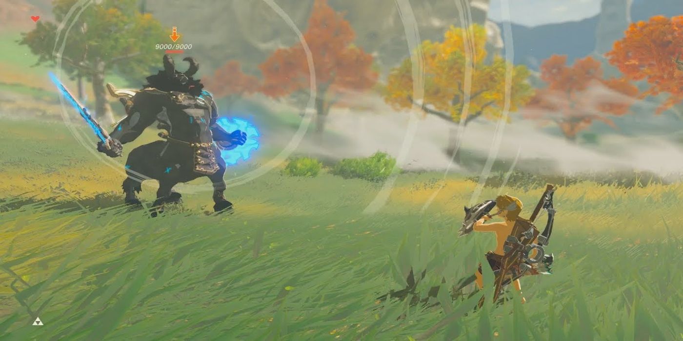 Link encountering a Lynel in The Legend of Zelda Breath of the Wild.
