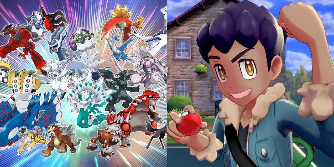 Split image of a collage of Legendary Pokémon and Hop holding a Pokéball for battle in Sword/Shield