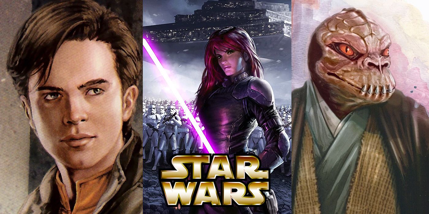 Split image of Anakin Solo, Mara Jade with a lightsaber & Saba Sebatyne in various Star Wars novels