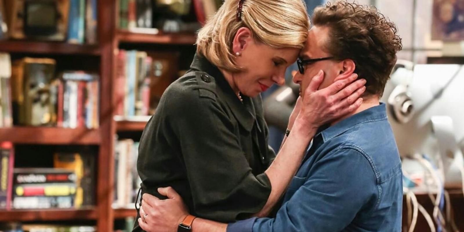 Leonard Hofstadter tearfully embraces his mother Beverly in The Big Bang Theory