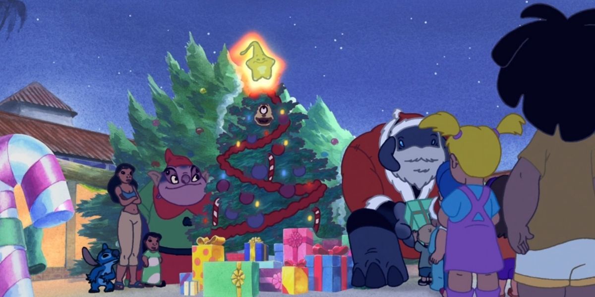 Lilo and Stitch with their family at a Christmas tree in Lilo & Stitch: The Series: "Topper"