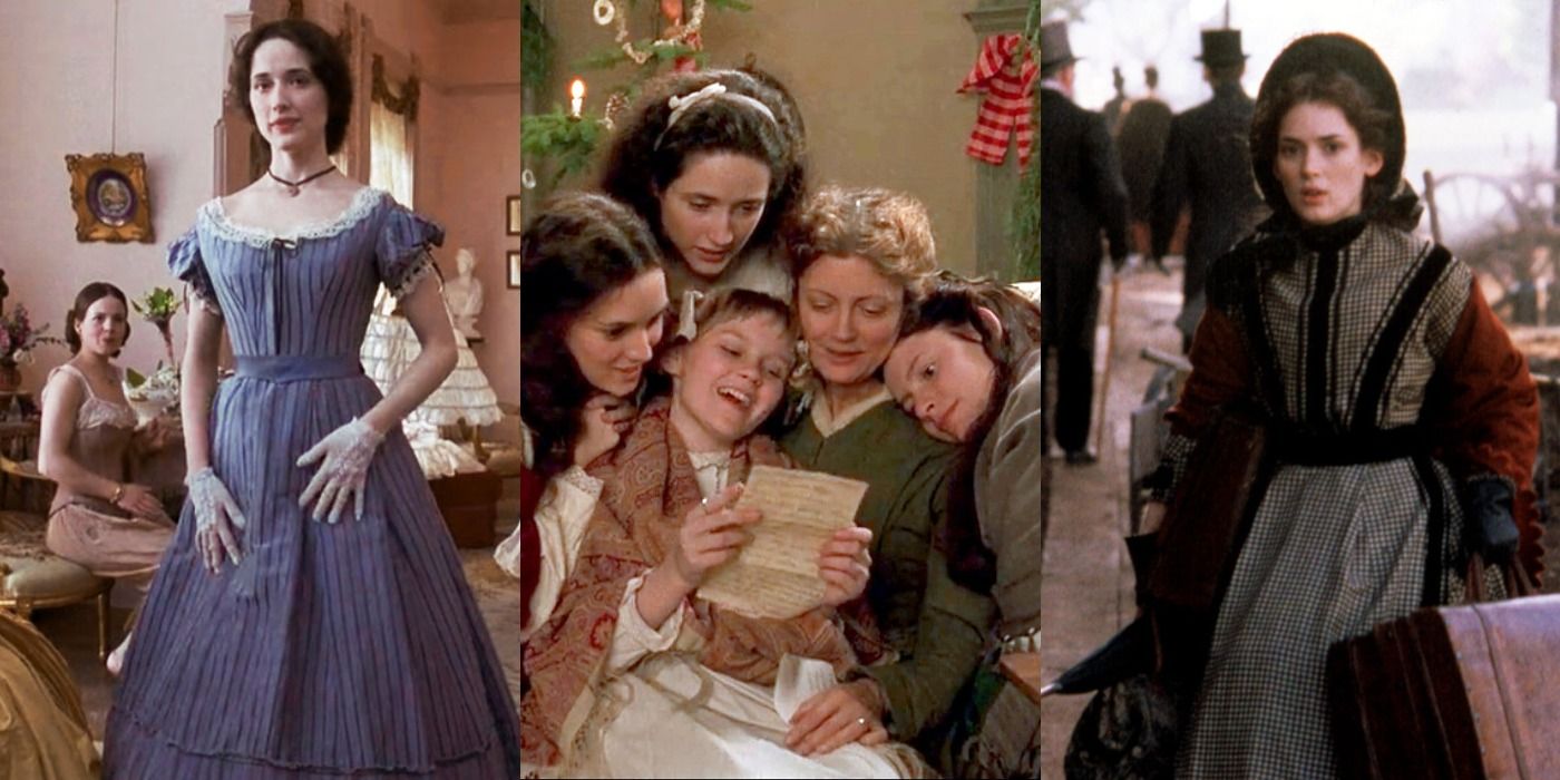 Split Image of Meg, the March sisters and Marmee, and Jo from the 1994 adaption of Little Women