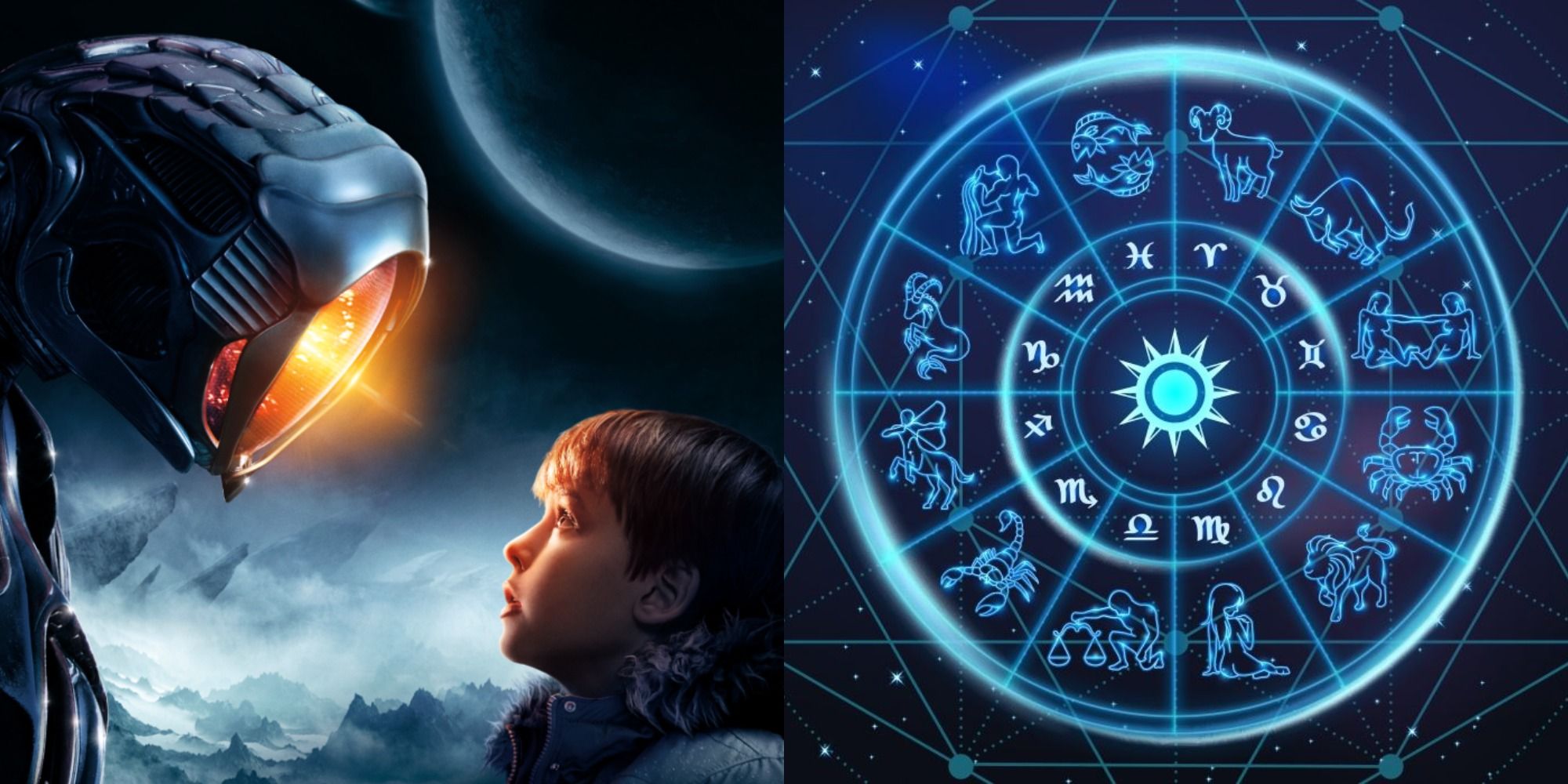Split image showing the Robot looking at Will in Lost in Space, and a zodiac wheel