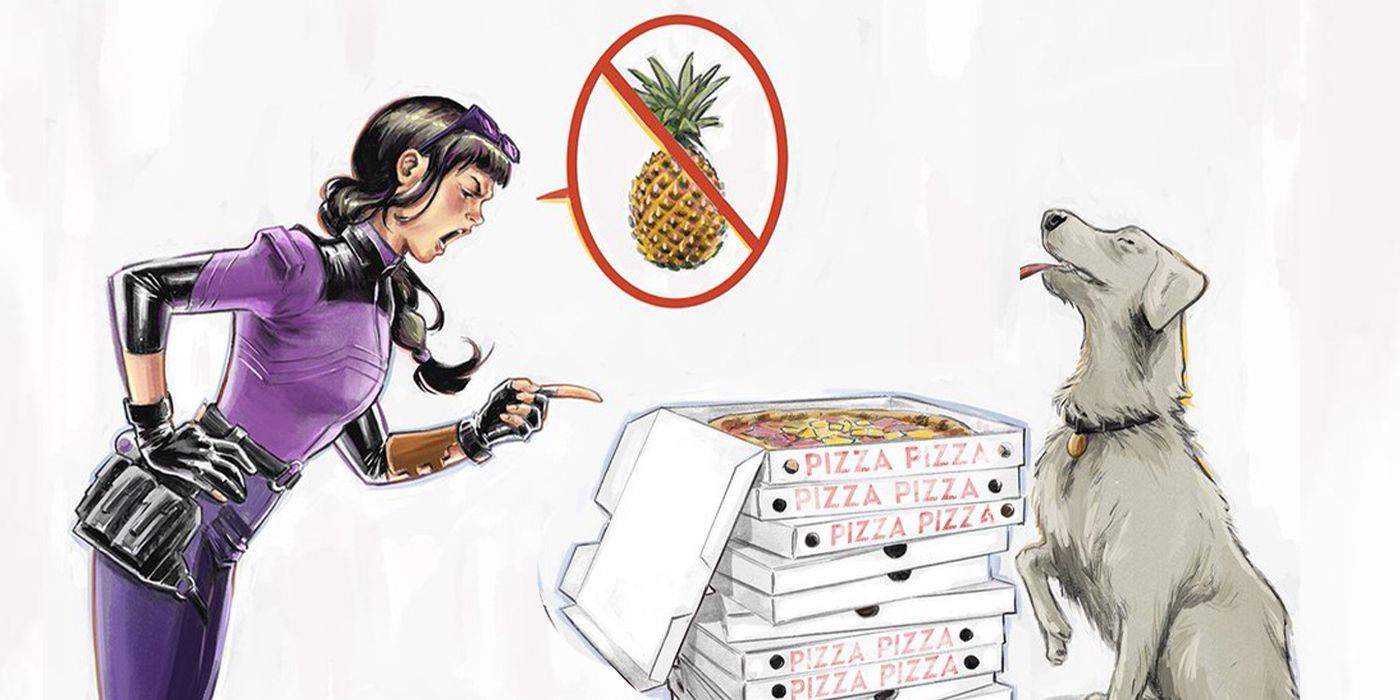 Kate Bishop talks to Lucky The Pizza Dog in Marvel Comics.