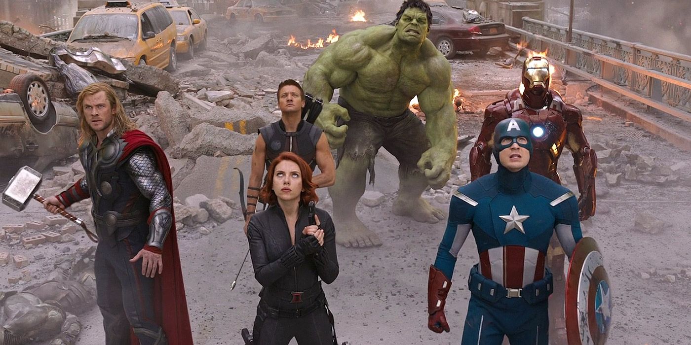 The Avengers assembled and looking up in The Avengers.
