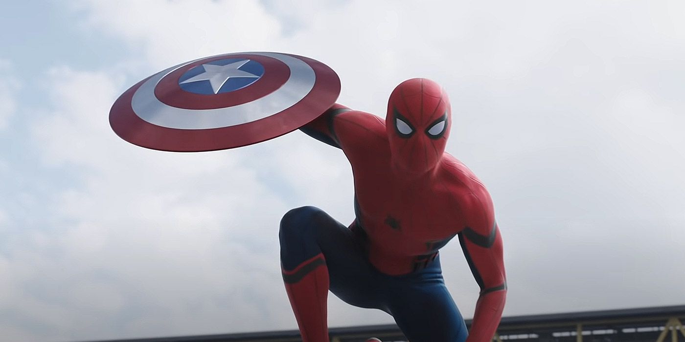 Spider-Man with Captain America's shield in Captain America: Civil War.