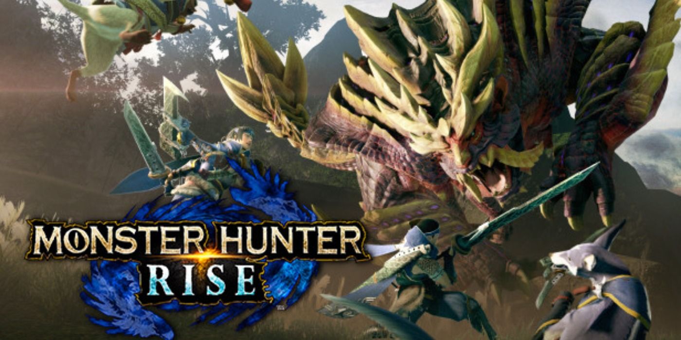 Monster Hunter Rise promo art with hunters battling the purple, lion-like Magnamalo.