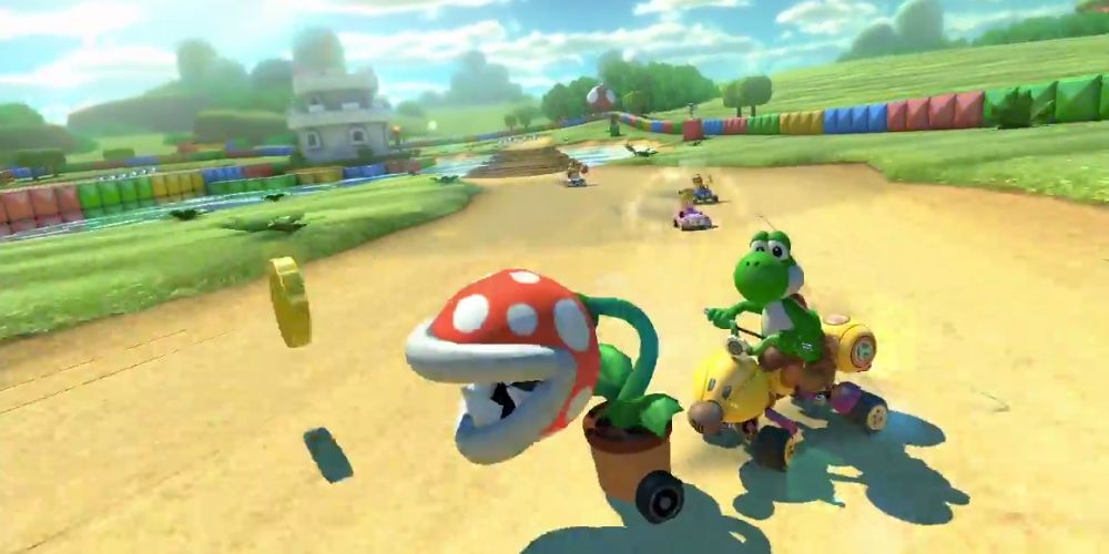 Yoshi uses a Potted Piranha Plant in Mario Kart 8