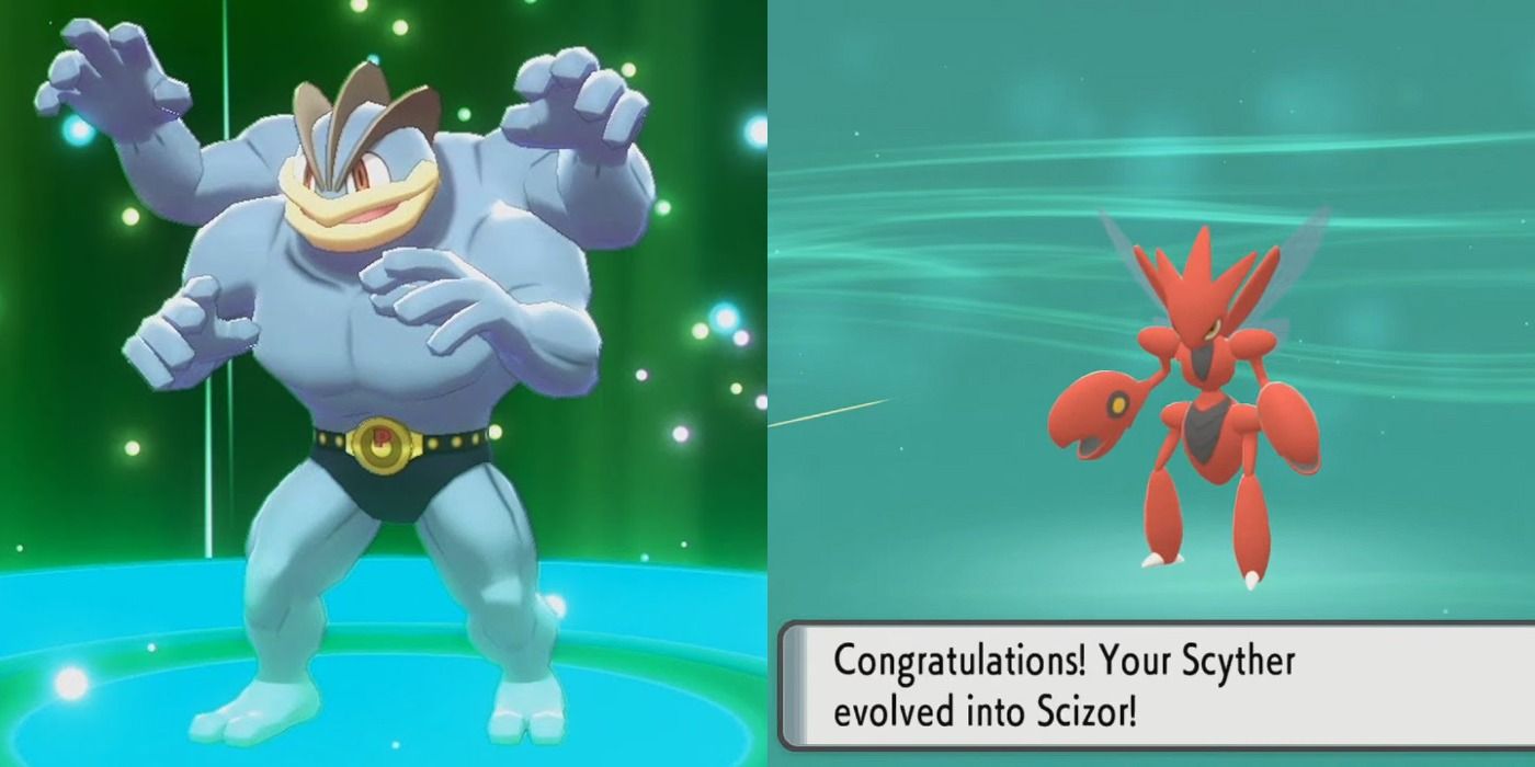 Split image of Machamp and a newly-evolved Scizor in-game