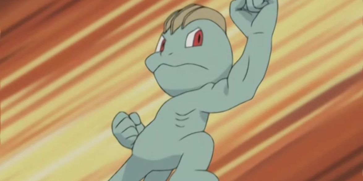 Machop jumps to attack in the Pokemon anime