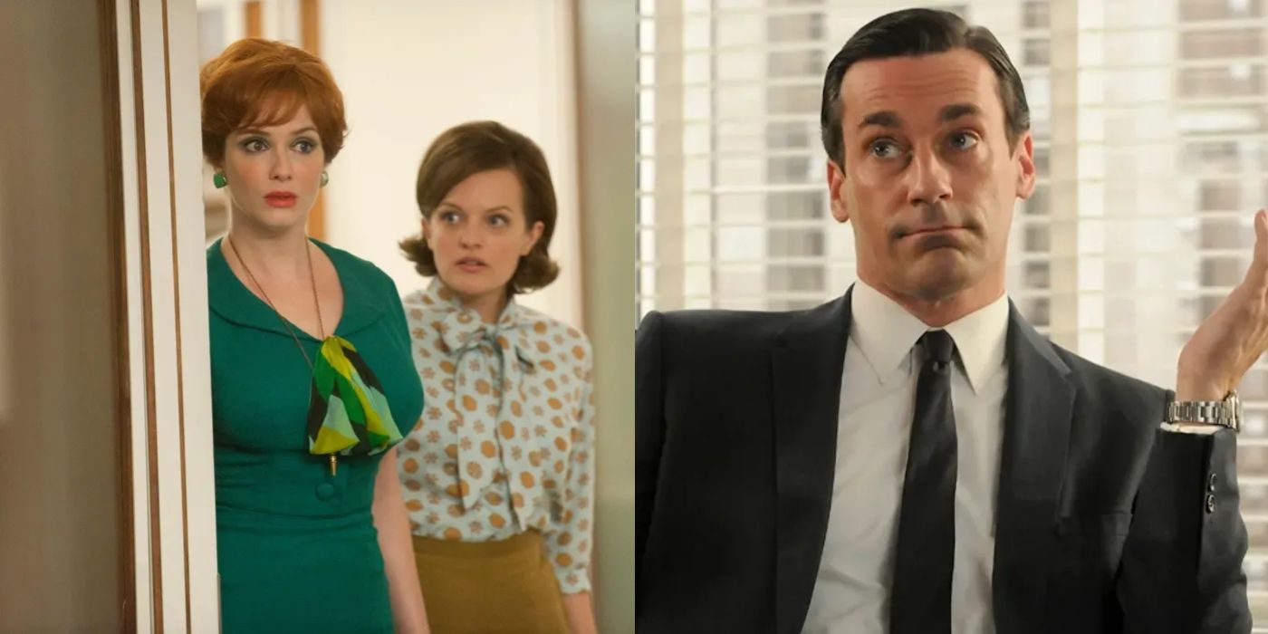 Split image of Joan and Peggy looking shocked and Don holding up his hand on Mad Men