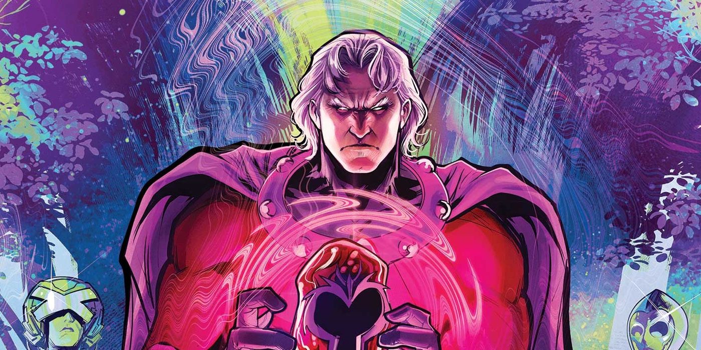 Magneto holding his helmet, crushing it with his powers in Marvel Comics.